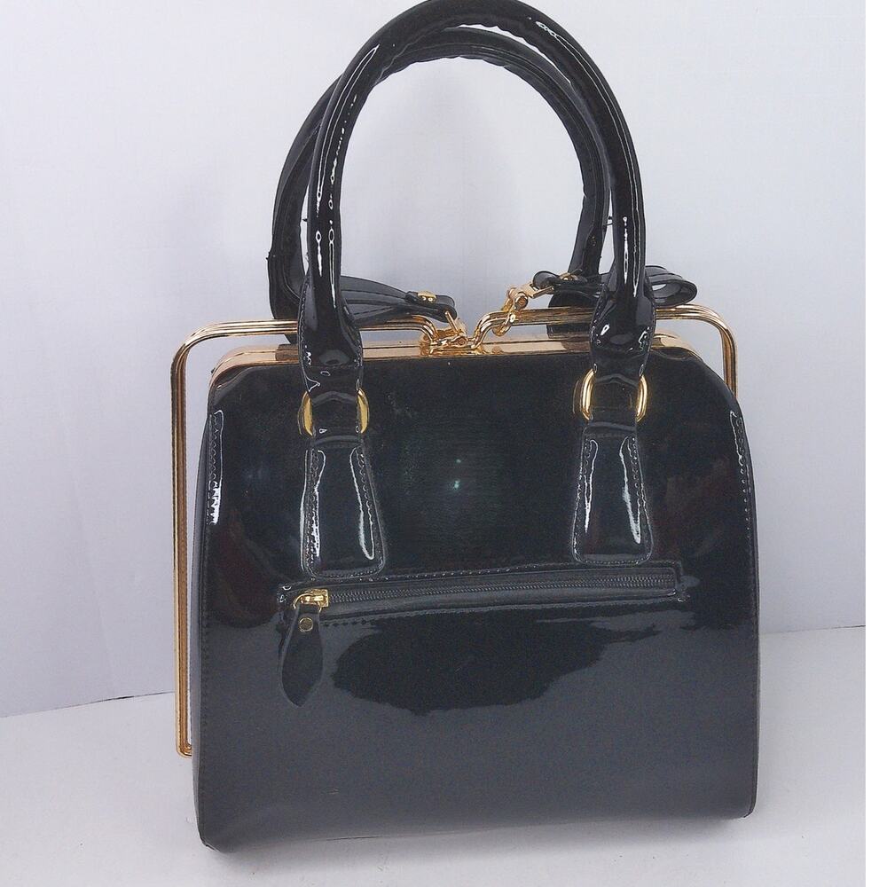 Vintage Y2K Black Patent Faux Leather Frame Satchel Handbag - Picture 3 of 11